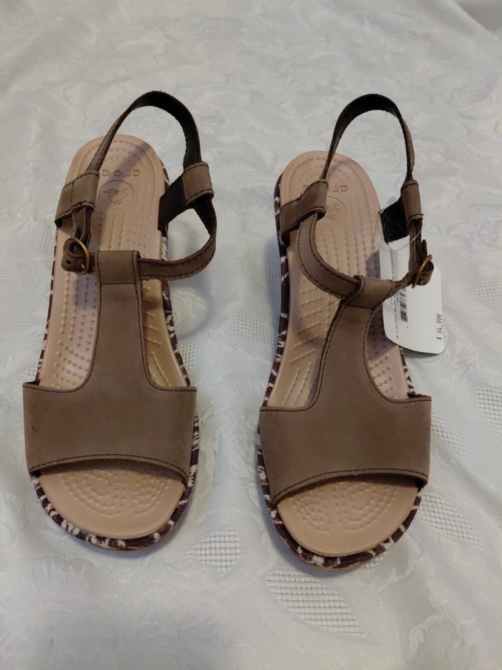 Crocs Womens A Leigh Ikat Wedge Brown Tan Wedge Sandlas Size 9 NWT